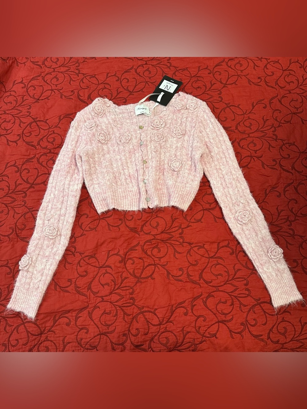 Delicate Pink Floral Cable-Knit Cropped Cardigan